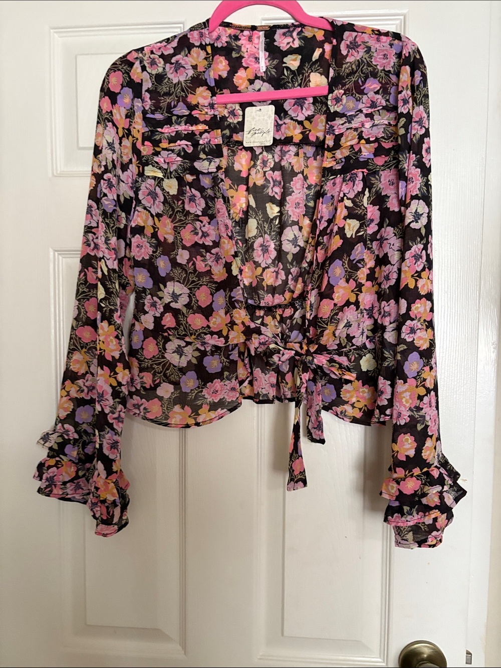 Free People Black Floral Tie-Front Sheer Blouse